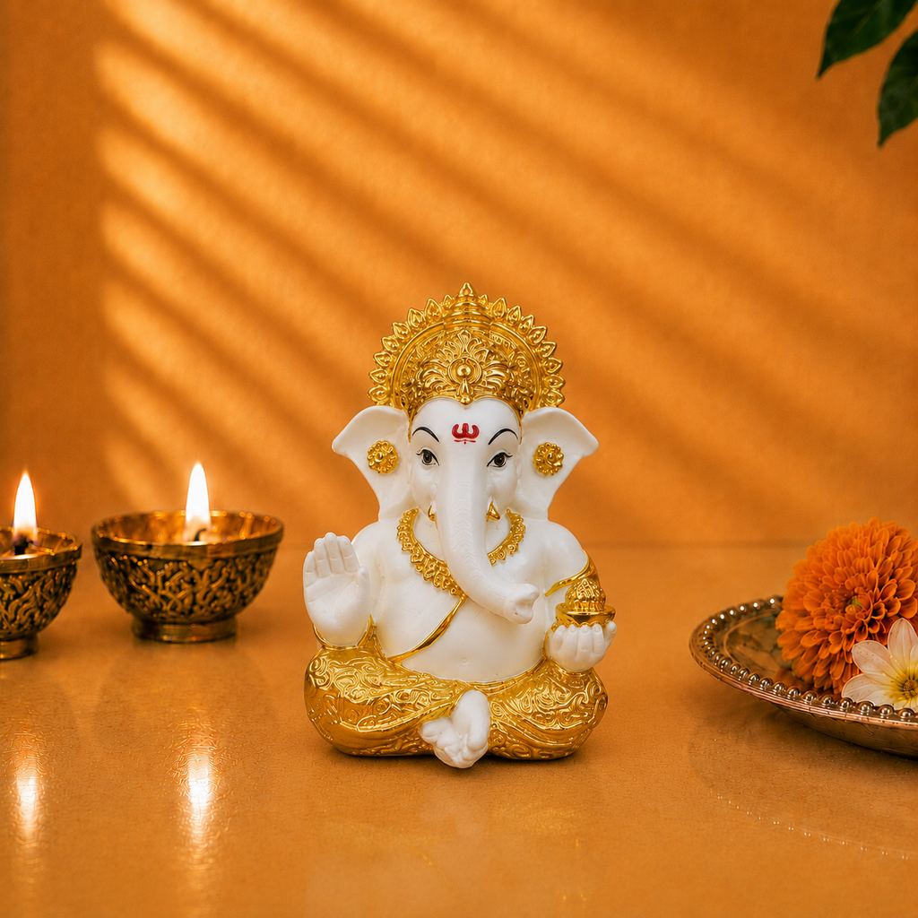 Vighnaharta Ganesh Idol - White & Gold - Rose Petal