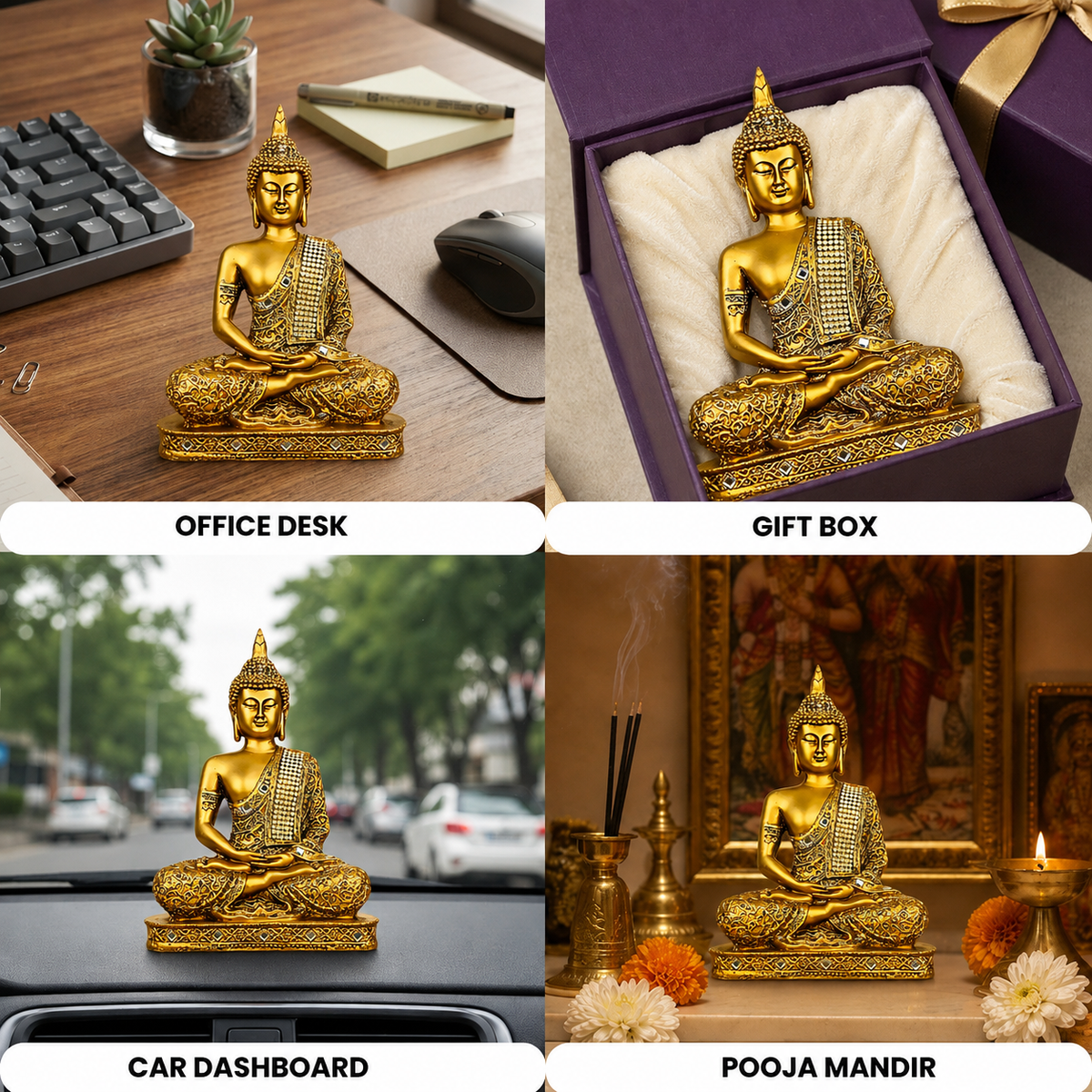 Gautam Buddha Blessing Idol - Golden Meditating