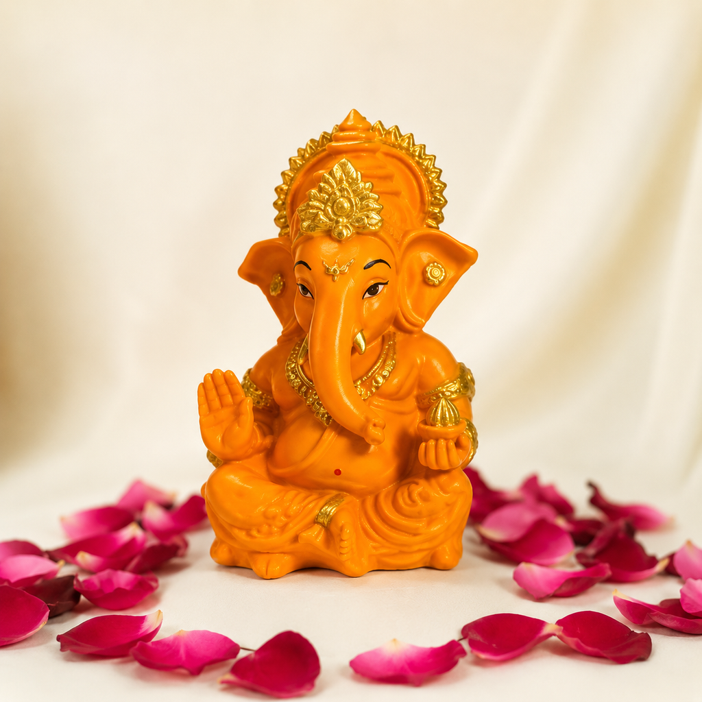 Divine Ganesha Blessing Idol - Orange with Diyas