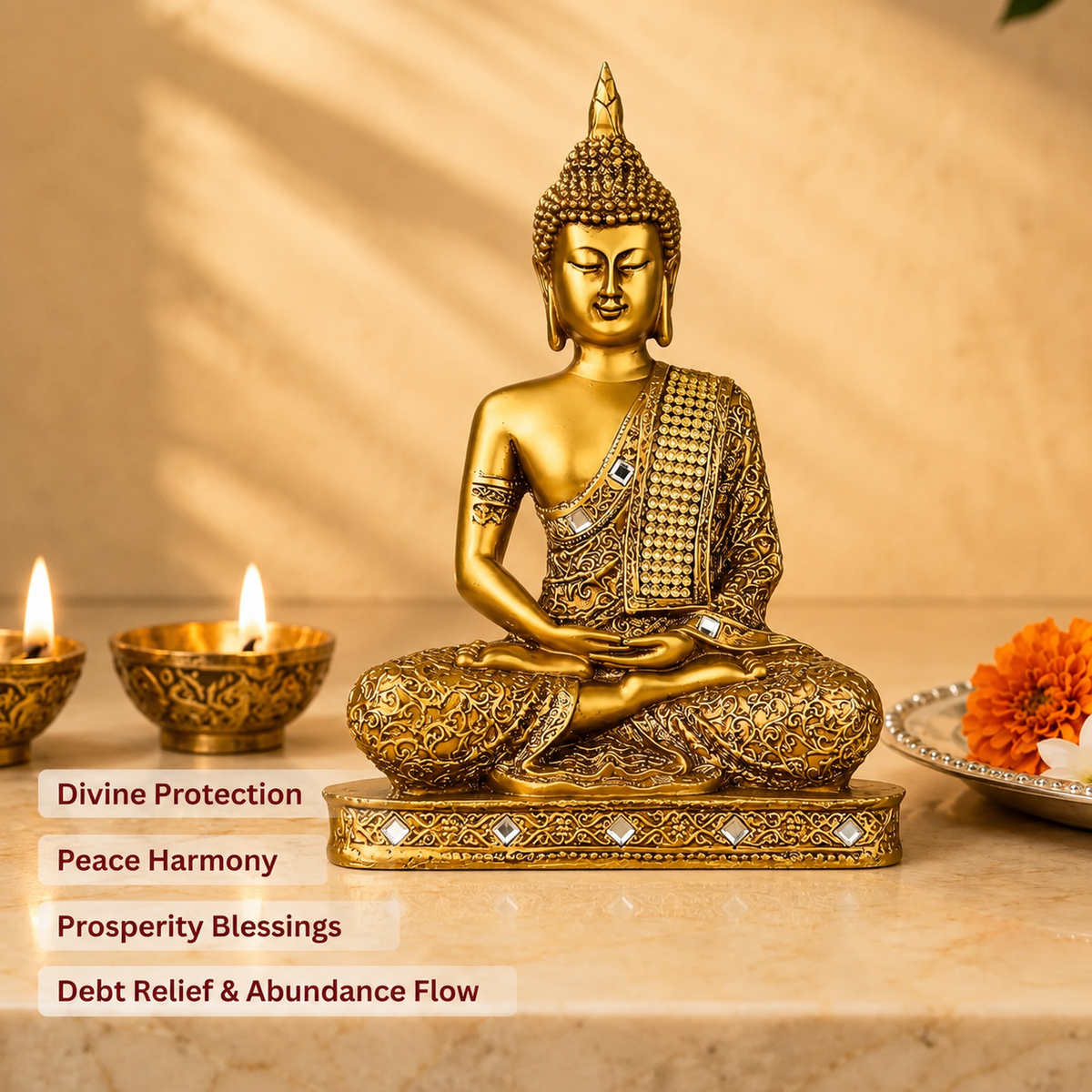 Gautam Buddha Blessing Idol - Golden Meditating