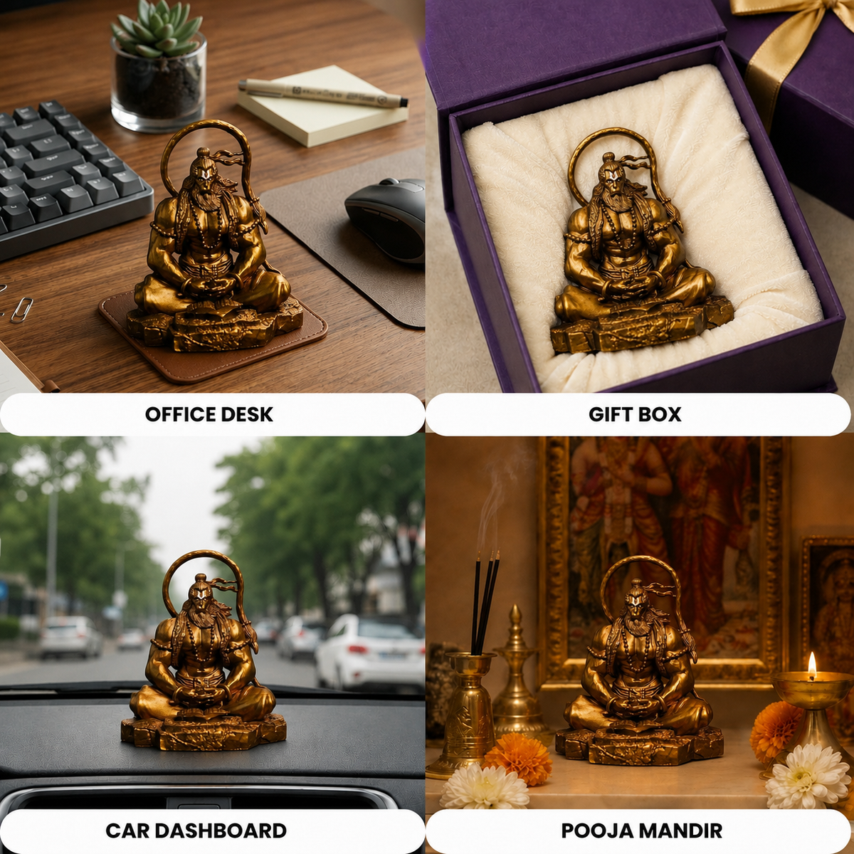 Meditating Hanuman Idol - Golden Finish