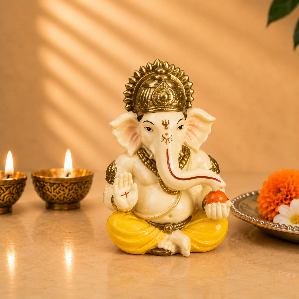 Vighnaharta Ganesh Idol - Cream & Gold - Rose Petal