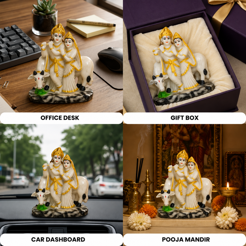 Divine Radha Krishna Gau Mata Blessings Statue