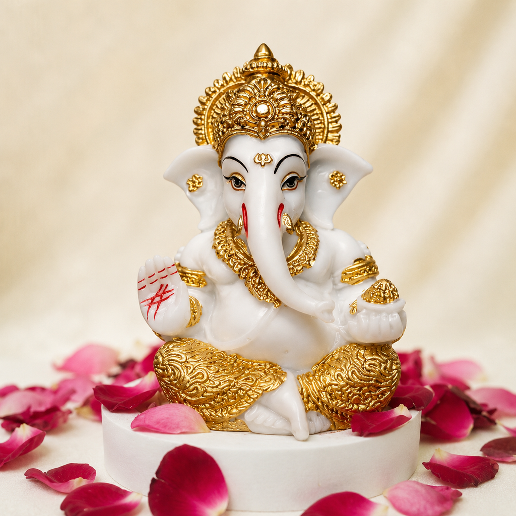 Divine Ganesha Blessing Idol - White & Gold Marble Finish