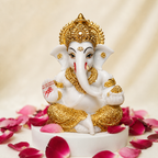 Divine Ganesha Blessing Idol - White & Gold Marble Finish
