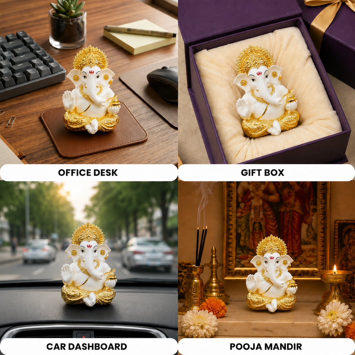 Vighnaharta Ganesh Idol - White & Gold - Rose Petal