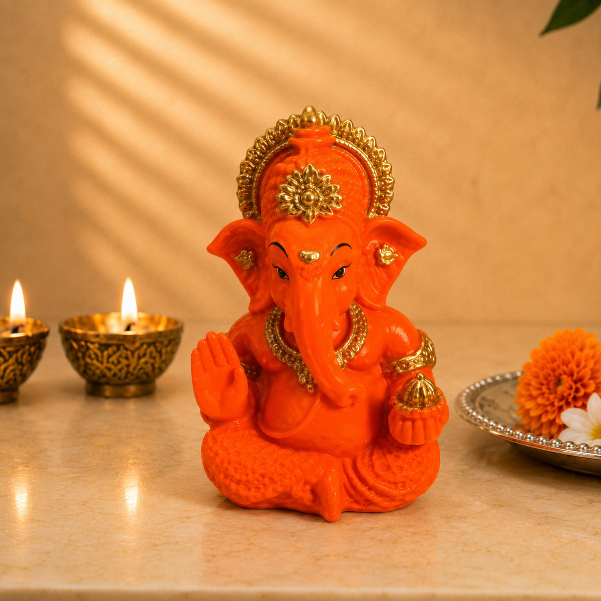 Vighnaharta Ganesh Idol - Orange - Namaste Pose
