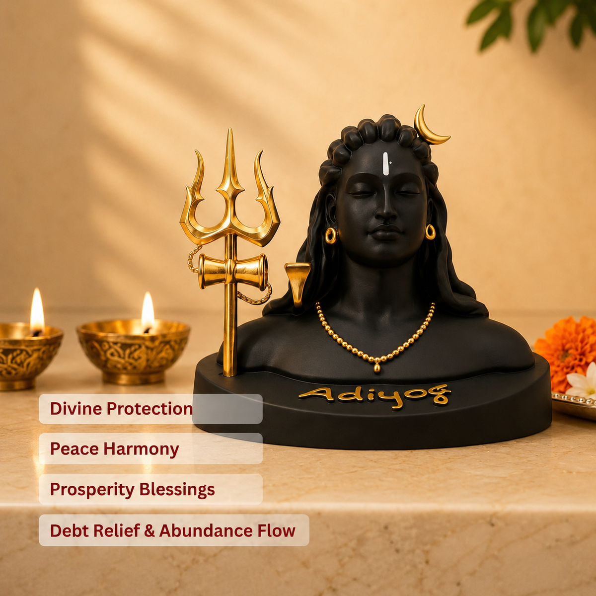 Adiyogi Lord Shiva Idol with Trishul – Black Gold Finish
