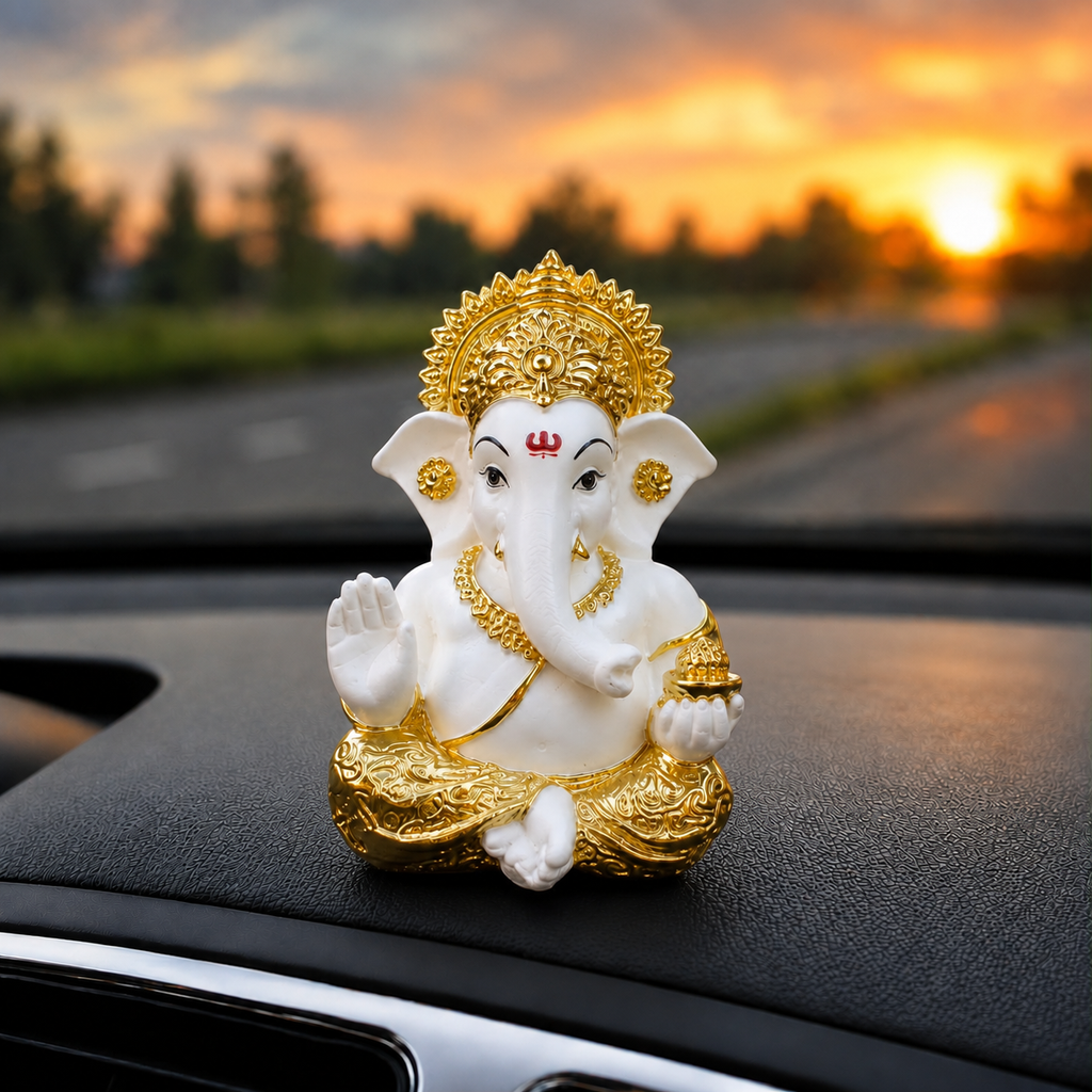 Vighnaharta Ganesh Idol - White & Gold - Rose Petal