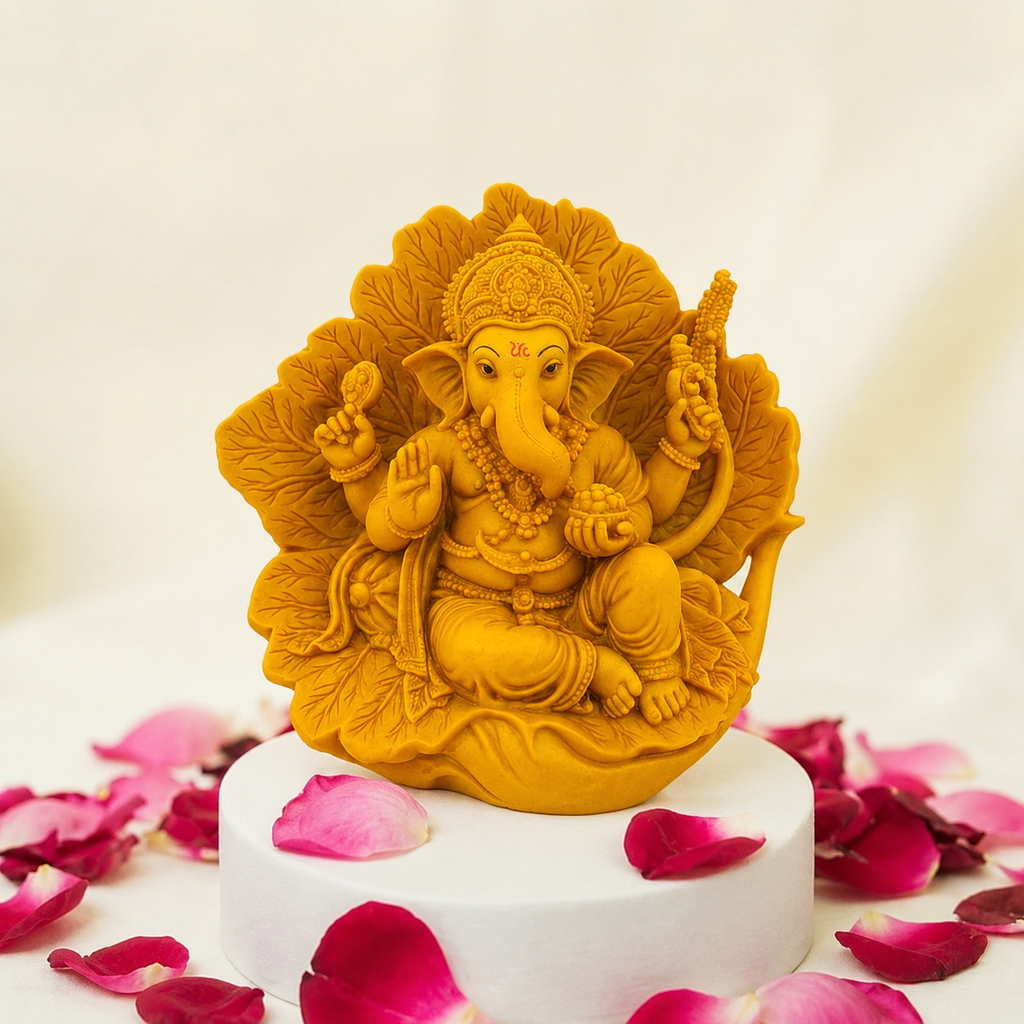 Premium Ganpati Bappa Sitting Idol with Floral Leaf Backdrop