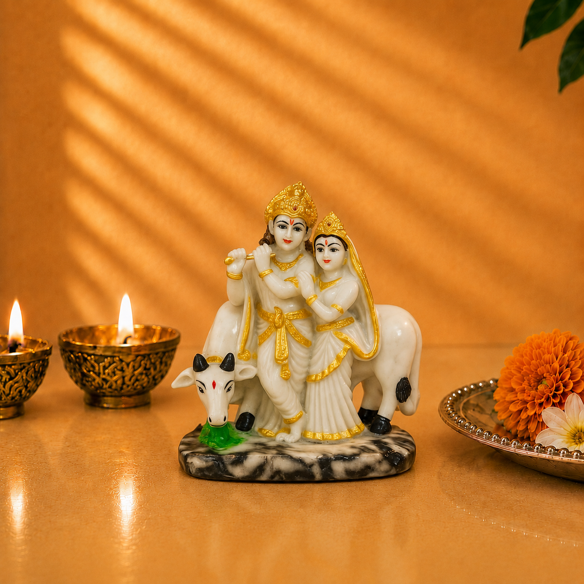 Divine Radha Krishna Gau Mata Blessings Statue