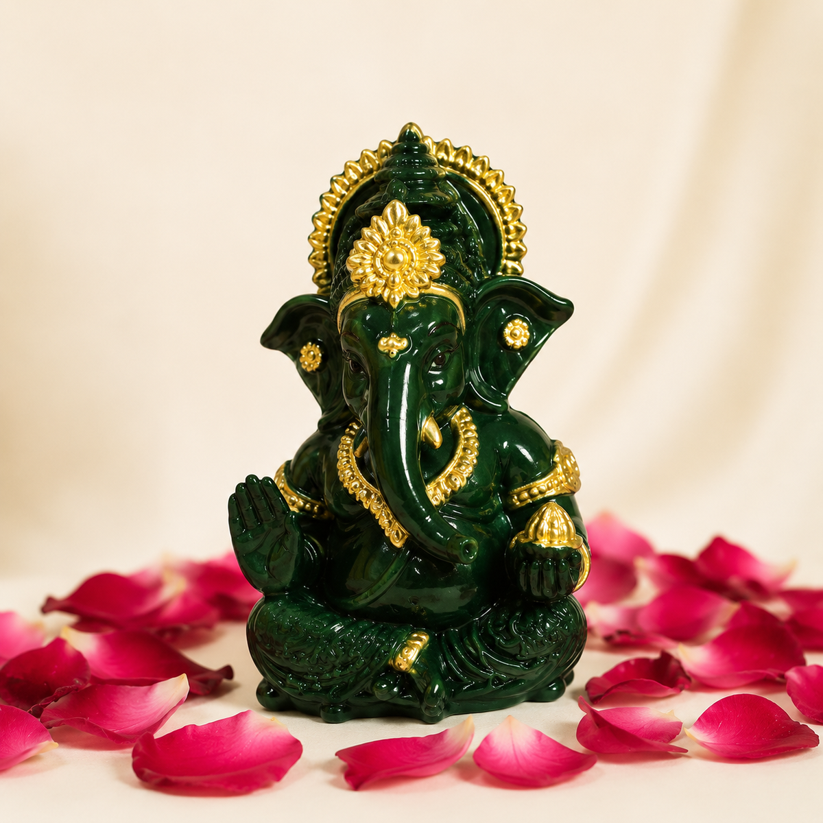 Vighnaharta Ganesh Idol - Dark Green - Rose Petal