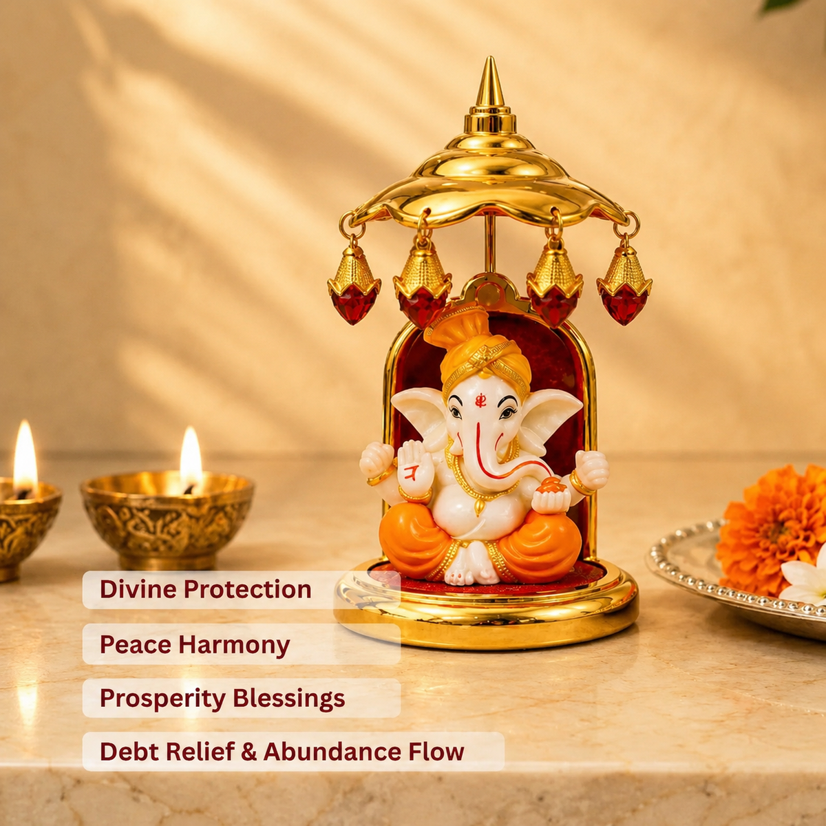 Golden Ganpati Bappa Murti for Home Temple & Car Dashboard
