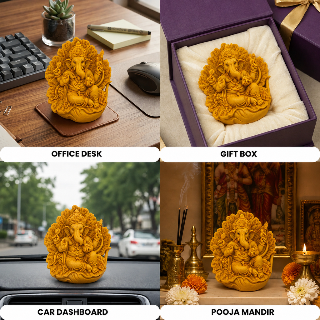 Premium Ganpati Bappa Sitting Idol with Floral Leaf Backdrop