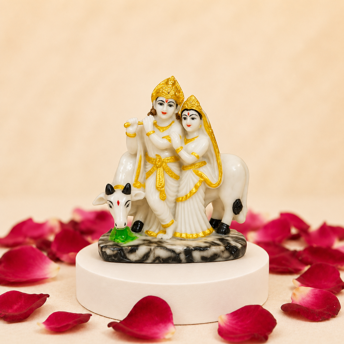 Divine Radha Krishna Gau Mata Blessings Statue