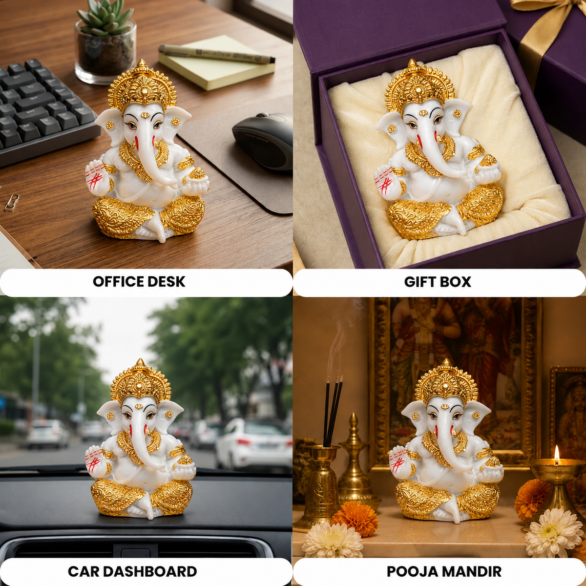 Divine Ganesha Blessing Idol - White & Gold Marble Finish