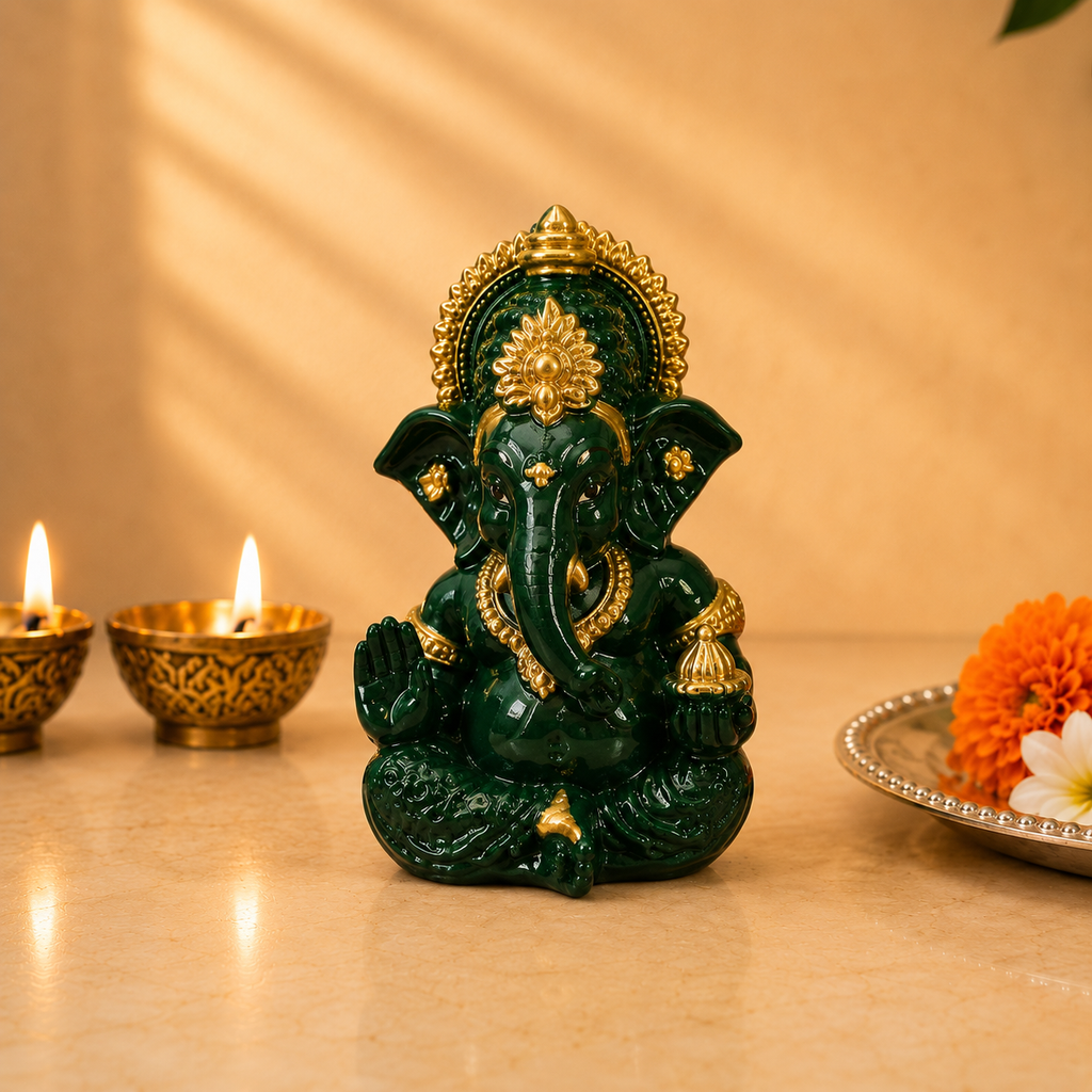 Vighnaharta Ganesh Idol - Dark Green - Rose Petal
