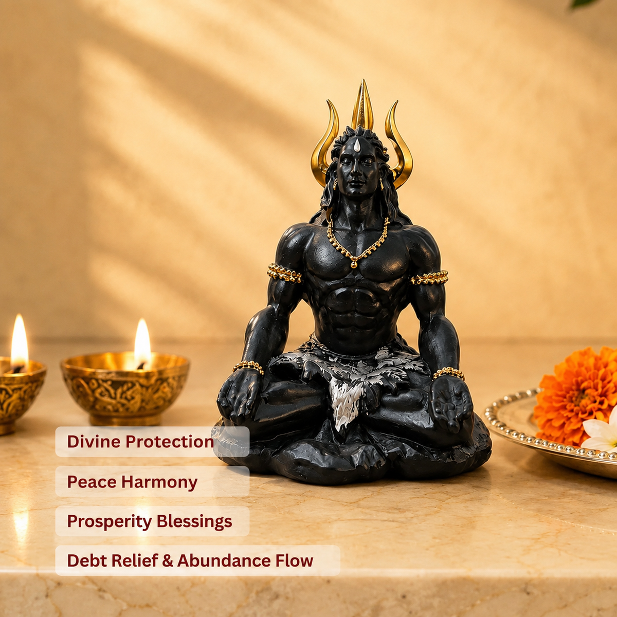 Lord Mahakaal Meditating Statue with Golden Trishul Crown