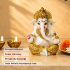 Divine Ganesha Blessing Idol - White & Gold Marble Finish