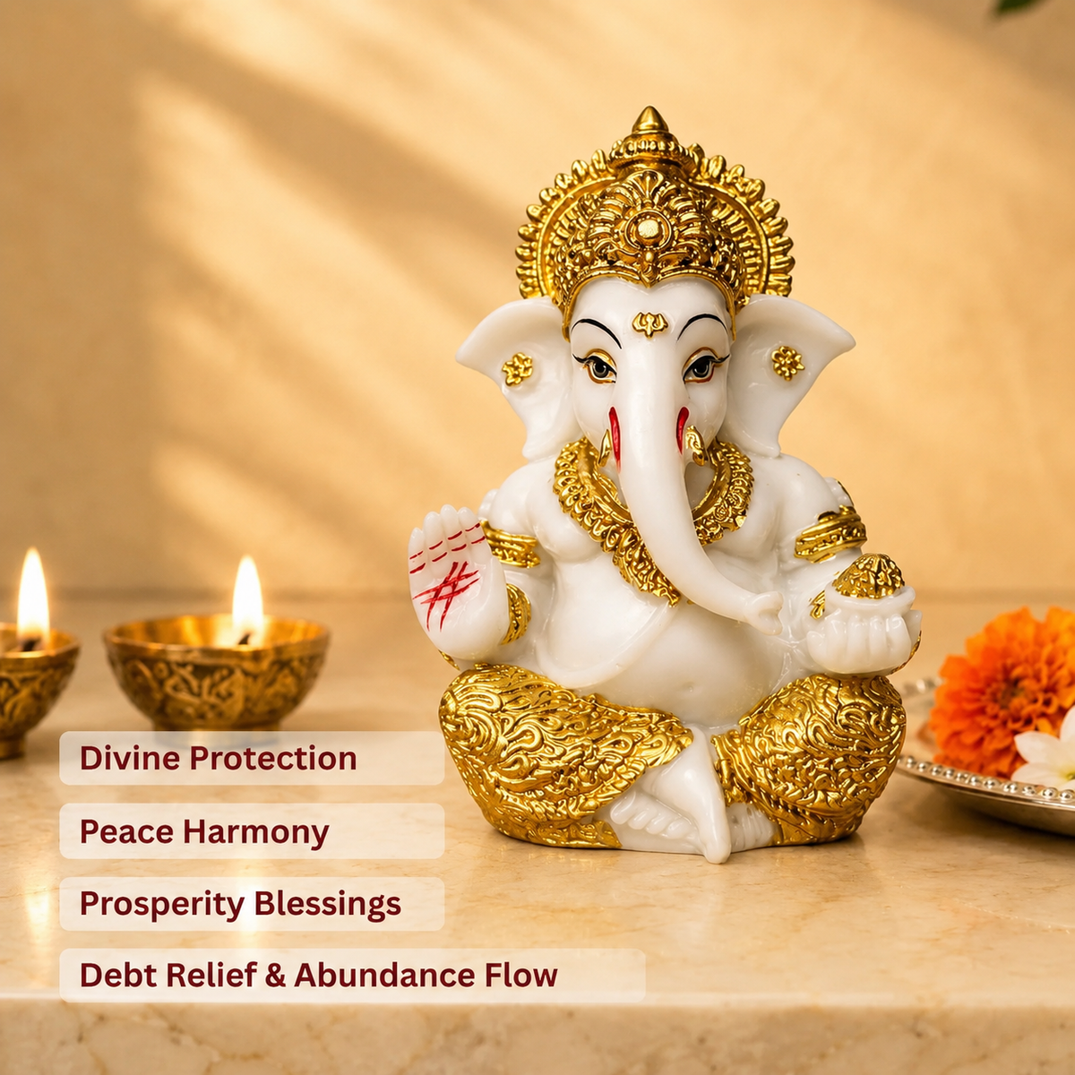 Divine Ganesha Blessing Idol - White & Gold Marble Finish