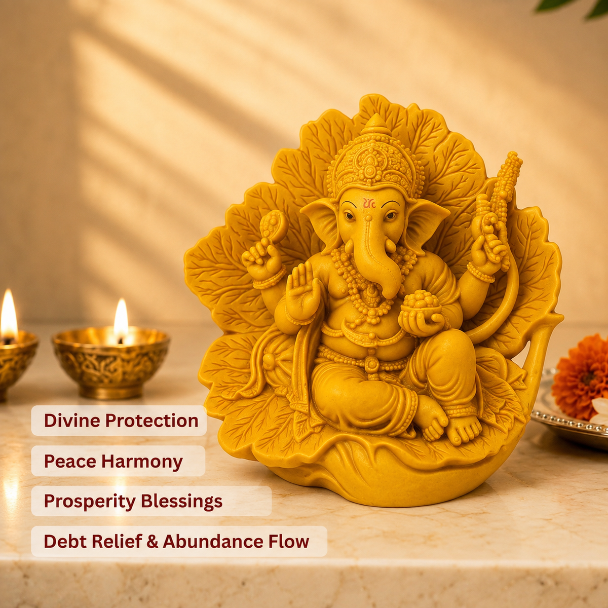 Premium Ganpati Bappa Sitting Idol with Floral Leaf Backdrop