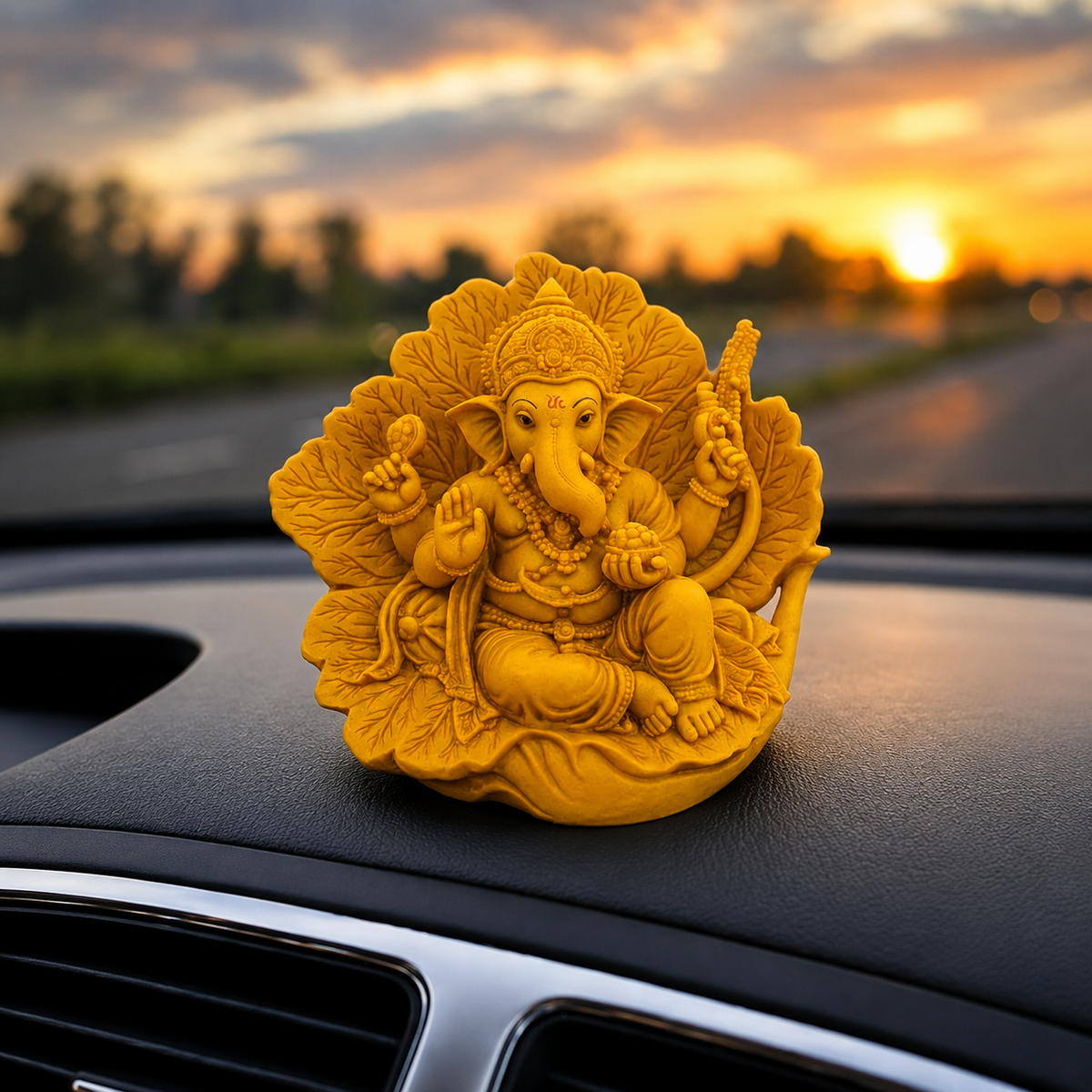 Premium Ganpati Bappa Sitting Idol with Floral Leaf Backdrop