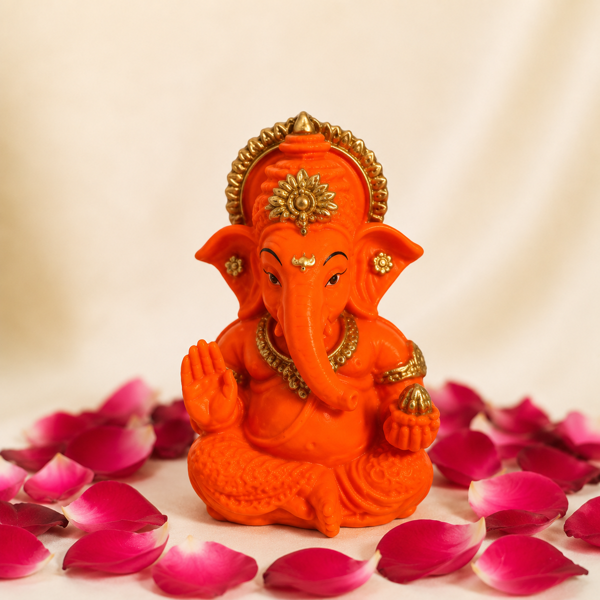 Vighnaharta Ganesh Idol - Orange - Namaste Pose