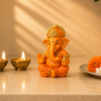 Divine Ganesha Blessing Idol - Orange with Diyas