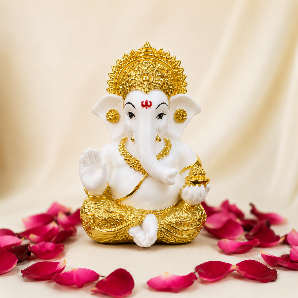 Vighnaharta Ganesh Idol - White & Gold - Rose Petal