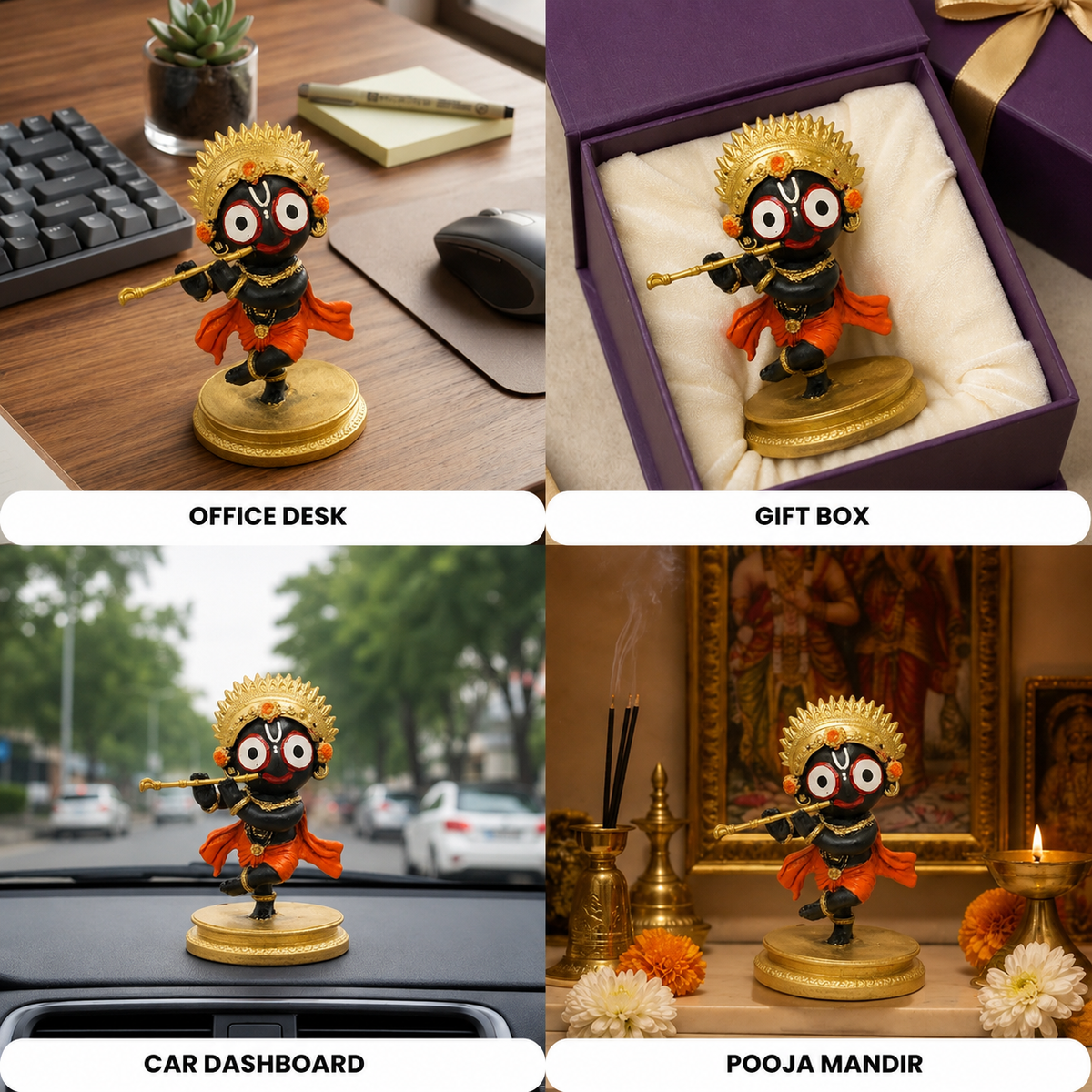 Bal Jagannath Playing Flute Idol - Black & Gold