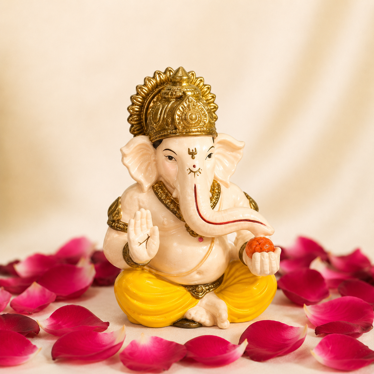 Vighnaharta Ganesh Idol - Cream & Gold - Rose Petal