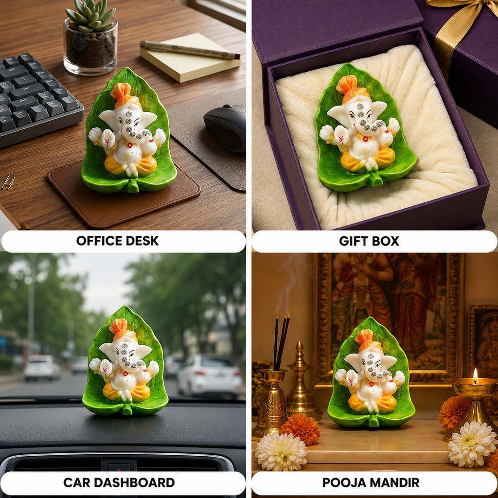Mini Ganpati Bappa Murti - Cute Ganesha Leaf Idol