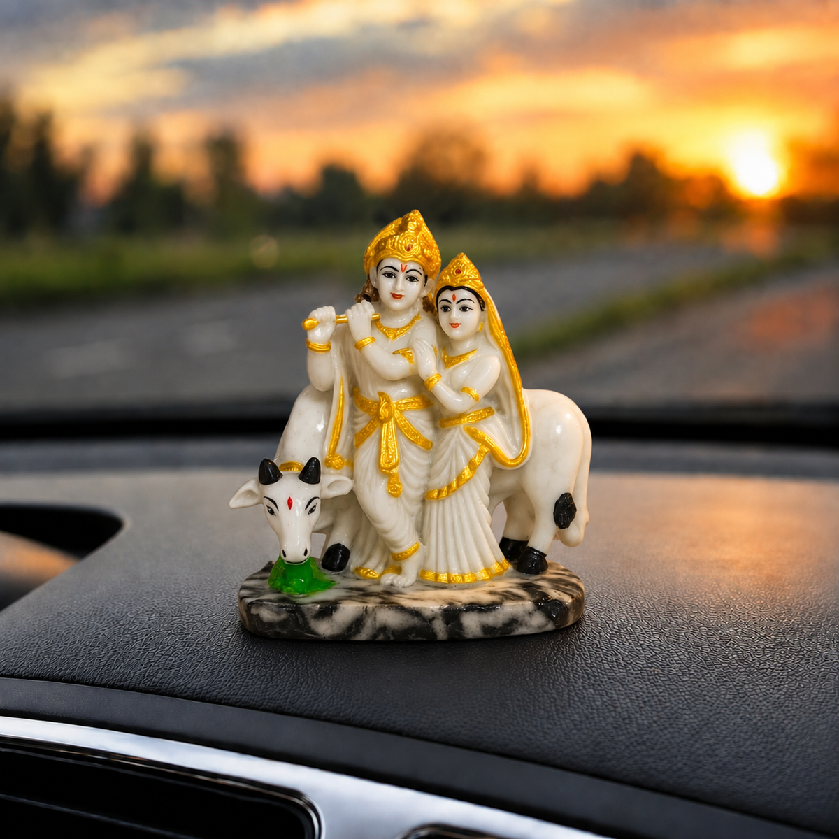 Divine Radha Krishna Gau Mata Blessings Statue