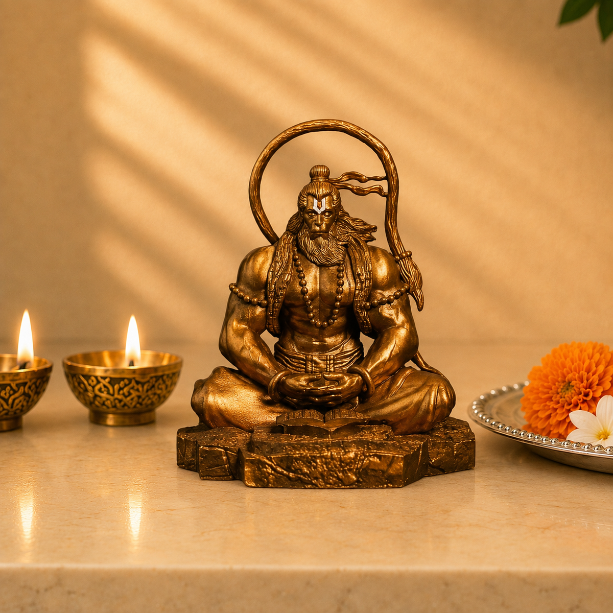 Meditating Hanuman Idol - Golden Finish
