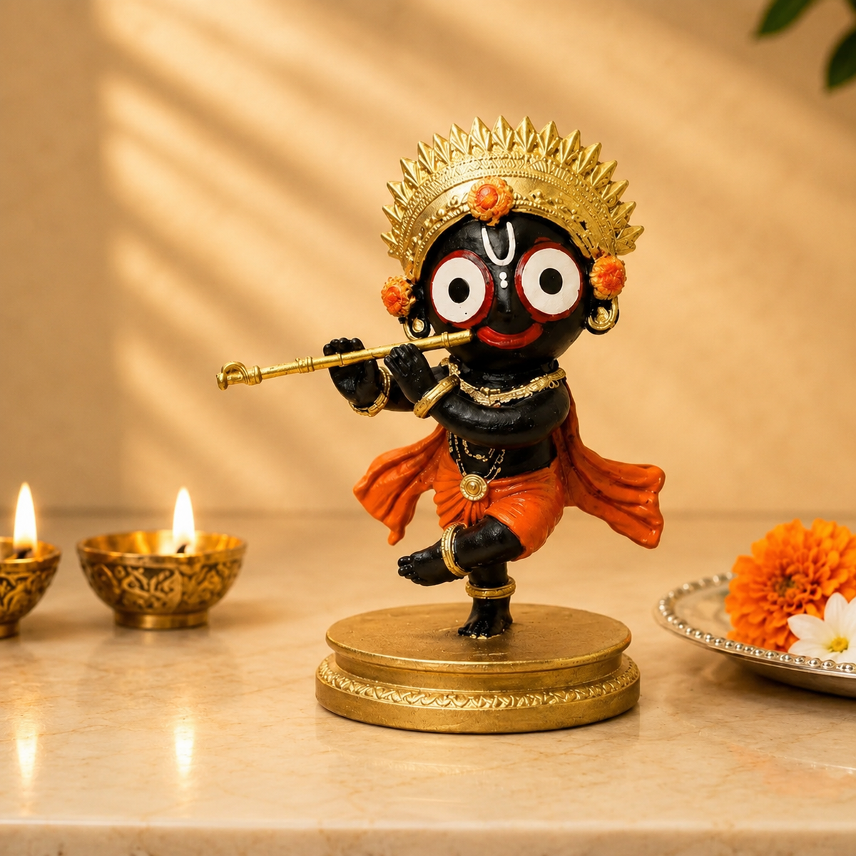 Bal Jagannath Playing Flute Idol - Black & Gold