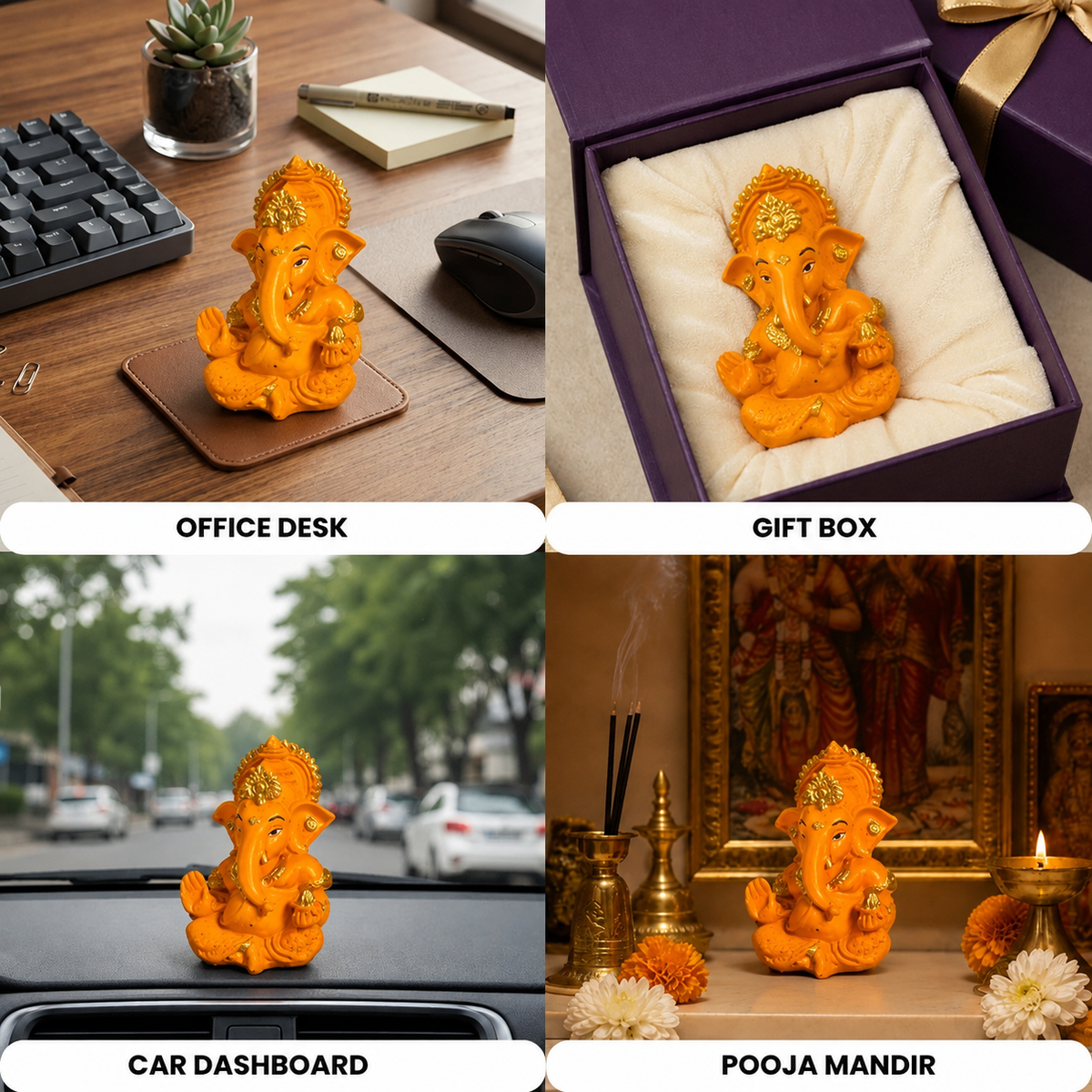 Divine Ganesha Blessing Idol - Orange with Diyas