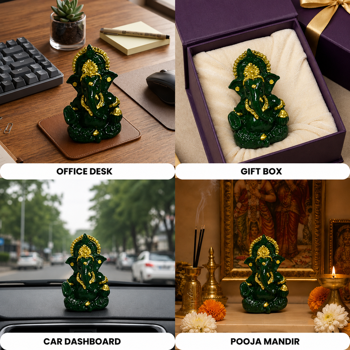 Vighnaharta Ganesh Idol - Dark Green - Rose Petal